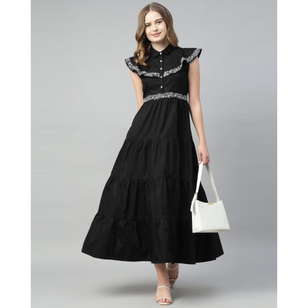 4 TIER LONG BLACK EMBROIDERED DRESS